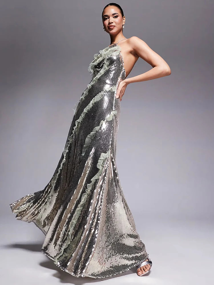 Starry Silver Sequin Strappy Backless Sleeveless with Ruffle Mesh Details Dressfor Party Glamour Gown