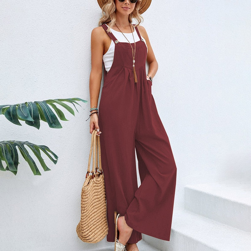 Vintage Cotton Linen Jumpsuit Women 2024 Casual Solid Button Wide Leg Suspender Pants with Pockets Summer Loose Overalls Rompers