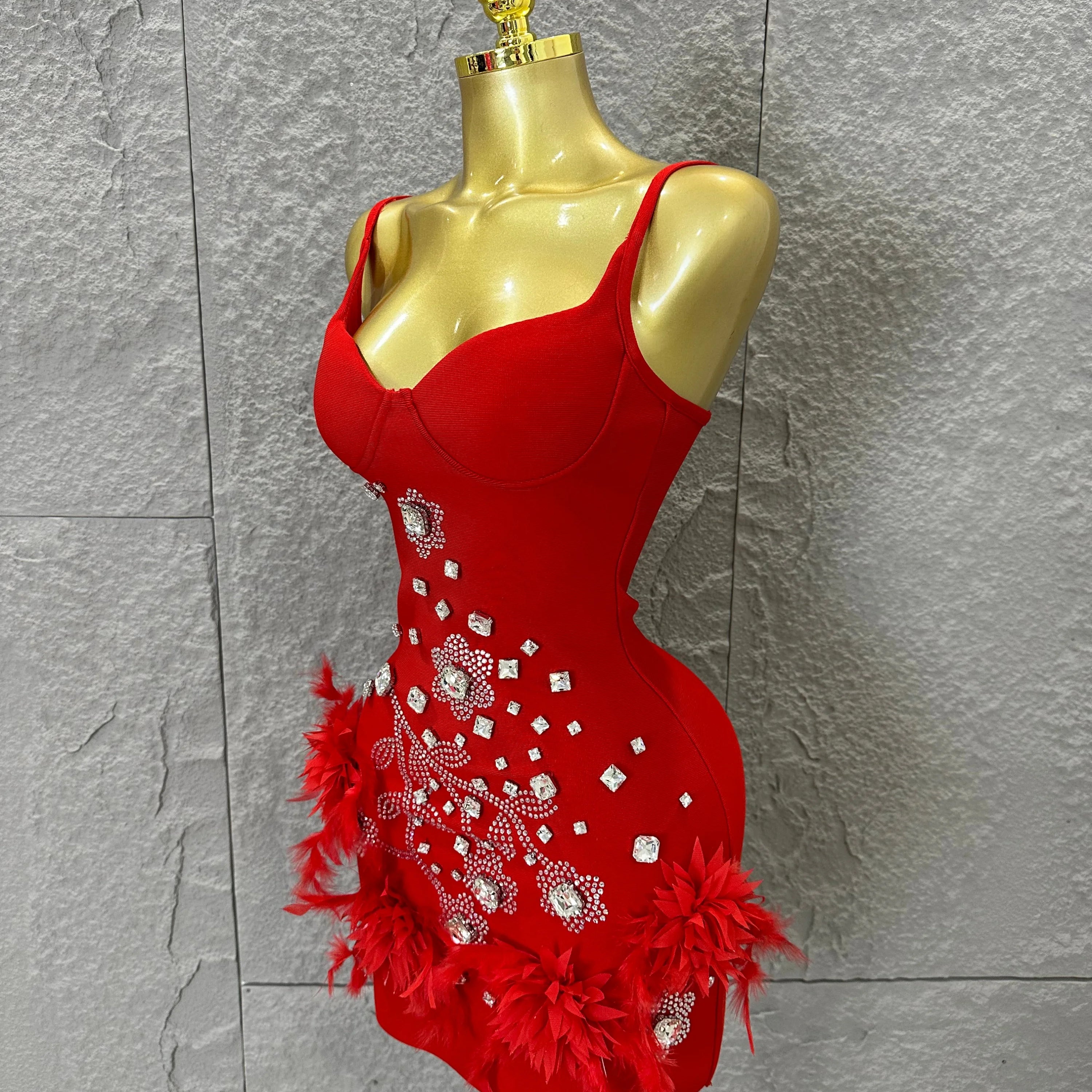 Elegant Red Spaghetti Strap Mini Dress Women Sexy Sweetheart Neck Crystal & Feather Form-Fitting Outfit Formal Event Costume