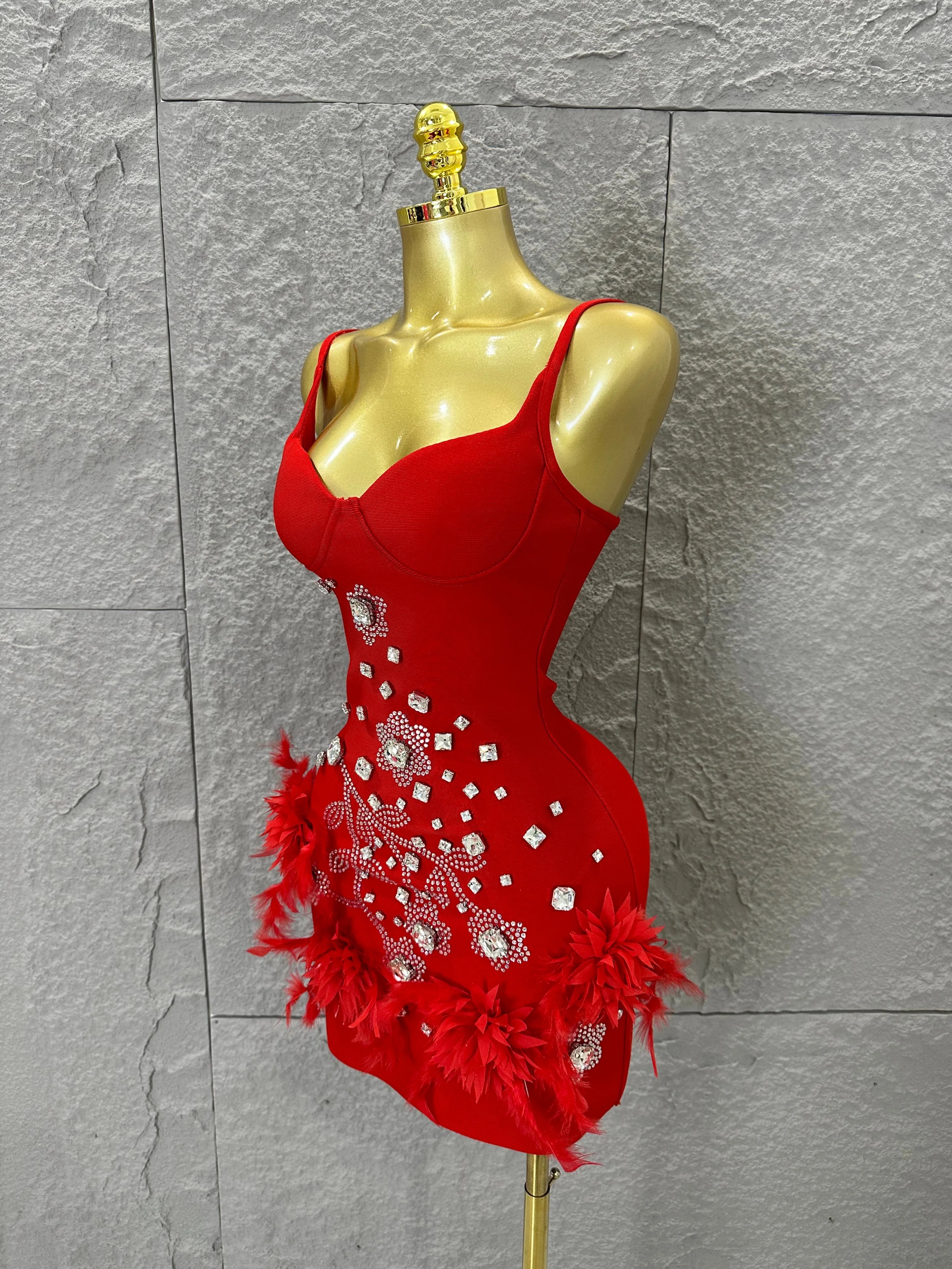 Elegant Red Spaghetti Strap Mini Dress Women Sexy Sweetheart Neck Crystal & Feather Form-Fitting Outfit Formal Event Costume