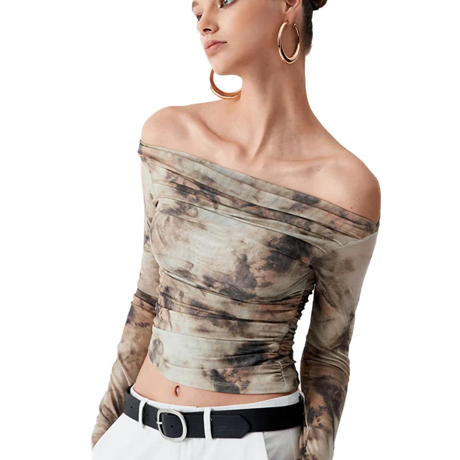 CUTENOVA Spring New Printed Slash Collar Long Sleeve Backless Shrinkage Top T-Shirt Mesh See Through Elegant Top Casual Khaki