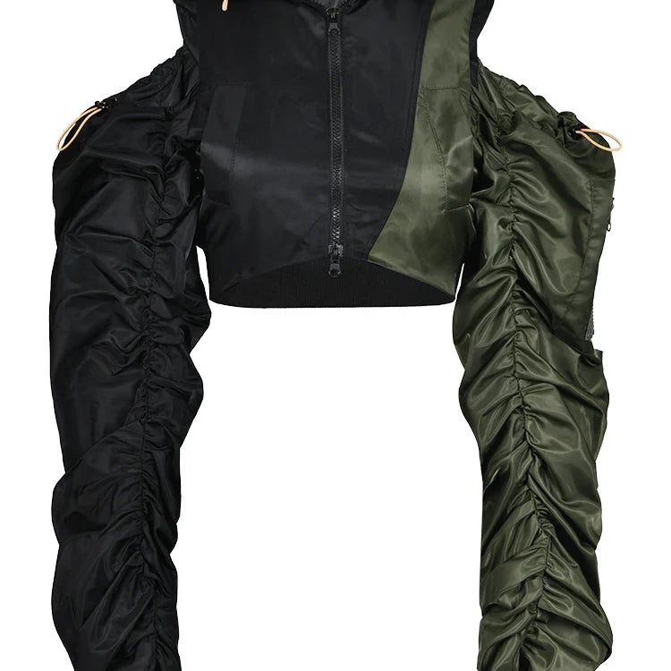 DEAT Fashion Women's Jackets Hooded Off The Shoulder Drawstring Contrast Stitching Midriff-baring Coat Autumn New 7AB303