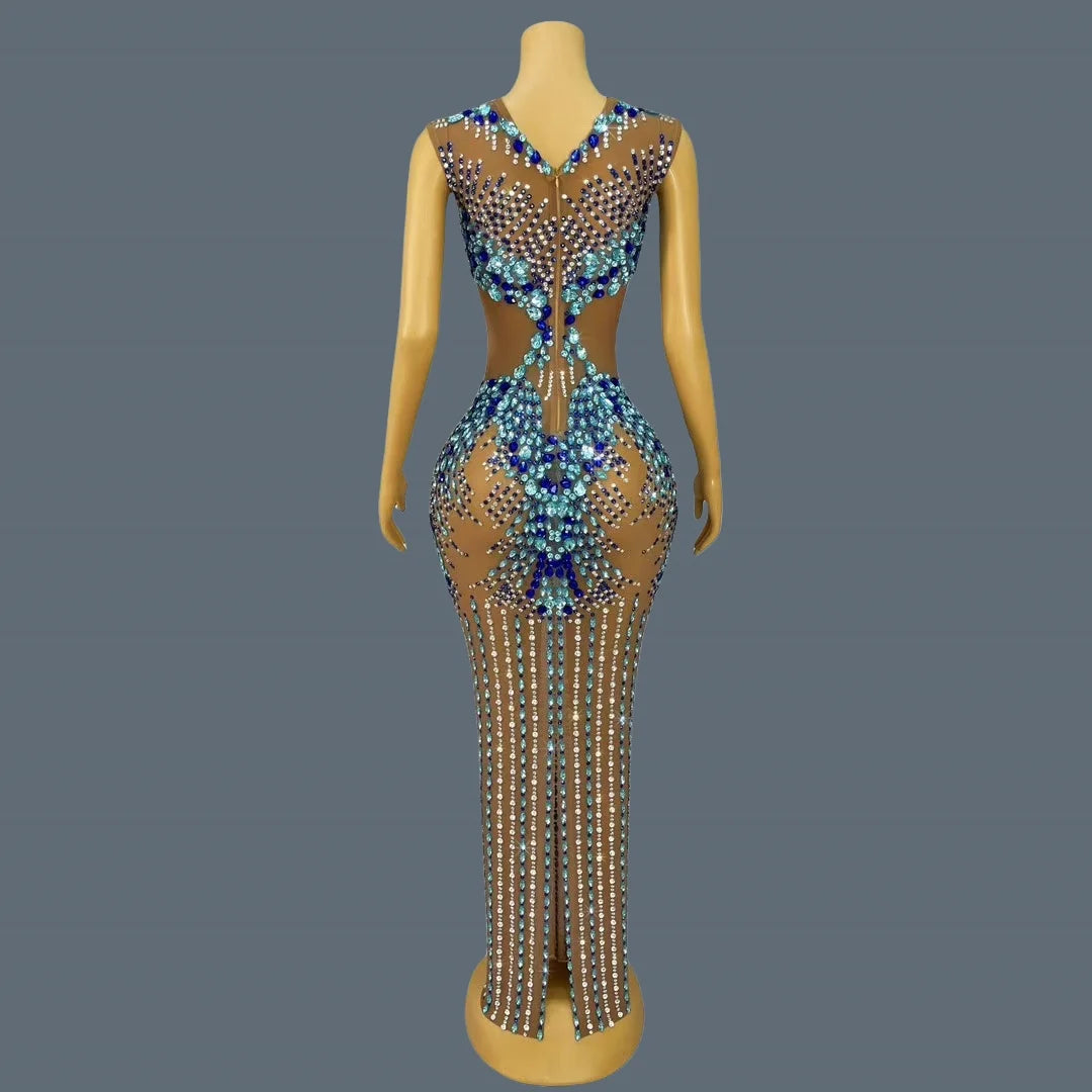Sparkling Rhinestone See Through Mesh Evening Gown Birthday Celebrate Prom Sexy Long Dress Nightclub Cocktail Party Lantianyise
