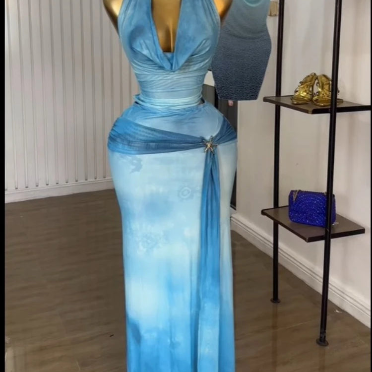 Women Tie Dye Printed Halter Pile Neck Crop Top and Bodycon Midi Maxi Long Skirt Suit 2025 Summer Two 2Piece Set Outfits SKY BLUE