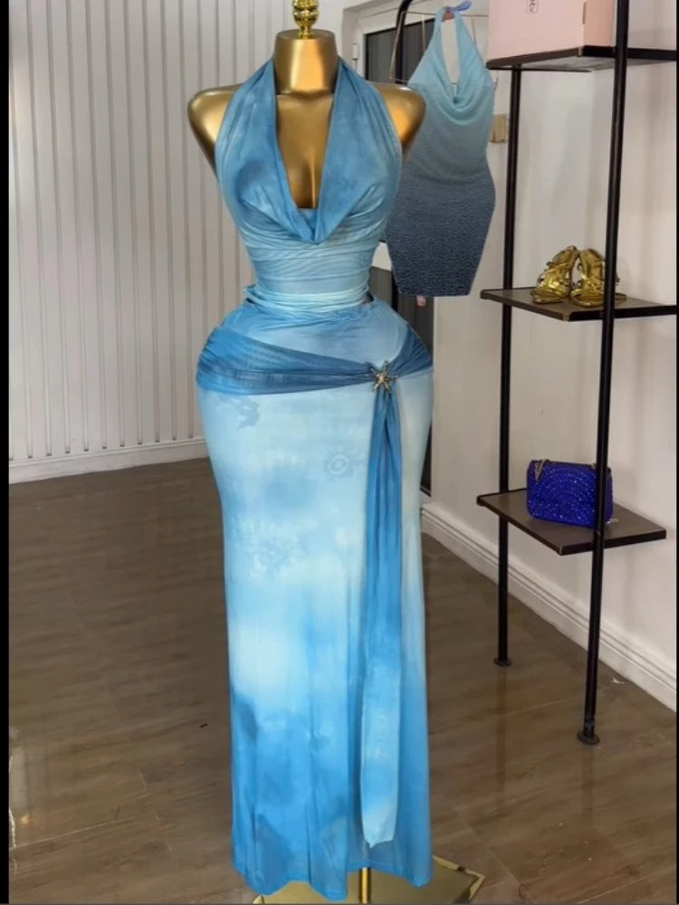 Women Tie Dye Printed Halter Pile Neck Crop Top and Bodycon Midi Maxi Long Skirt Suit 2025 Summer Two 2Piece Set Outfits SKY BLUE
