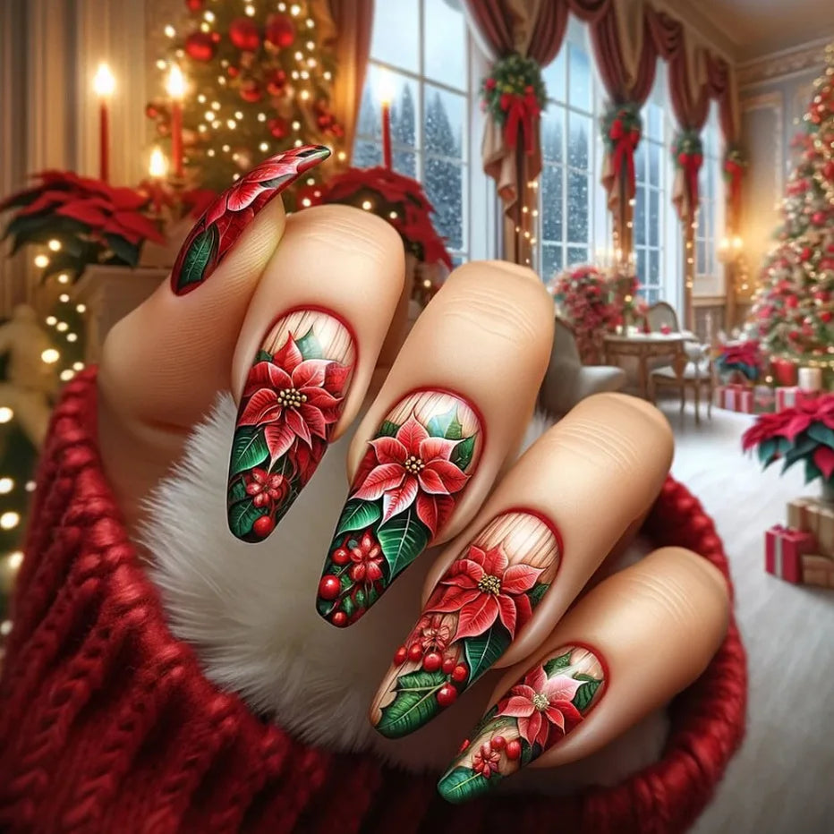 2025 New Christmas Fake Nail Tips Wearable Almond False Nails with Snowflake Flower Print European Xmas New Year Press on Nails 4