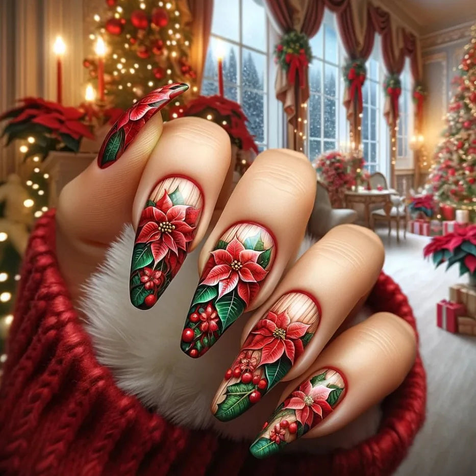 2025 New Christmas Fake Nail Tips Wearable Almond False Nails with Snowflake Flower Print European Xmas New Year Press on Nails 4
