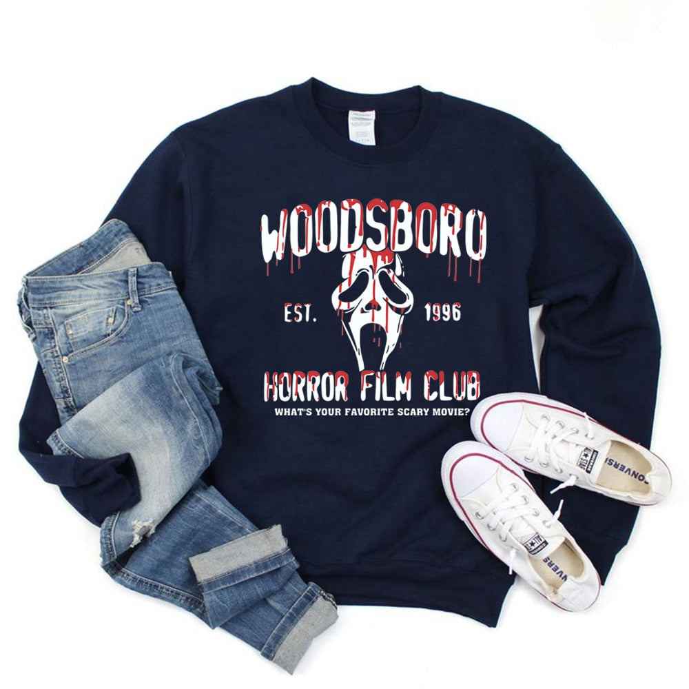 Scream Movie Woodsboro High Sweatshirt Ghostface Graphic Sweater Horror Film Club Halloween Crewneck Sweatshirts Hipster Tops Navy Blue