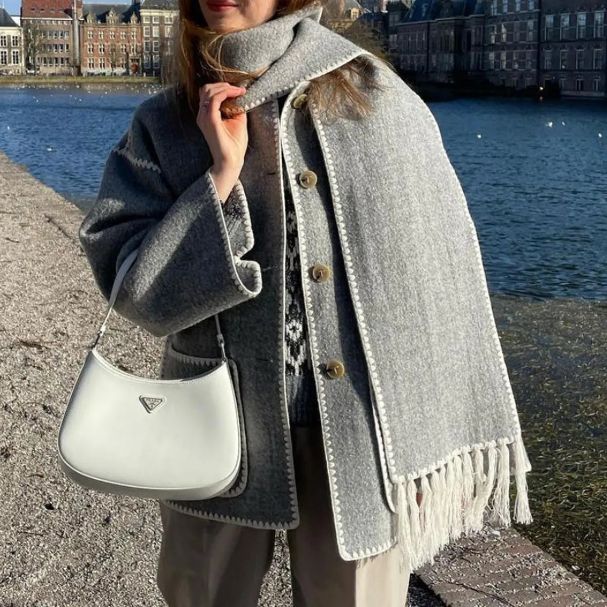 Women Woolen Coats with Tassel Scarf Autumn Winter Long Sleeve Single Breasted Warm Jackets Embroidery Pocket High Street Tops