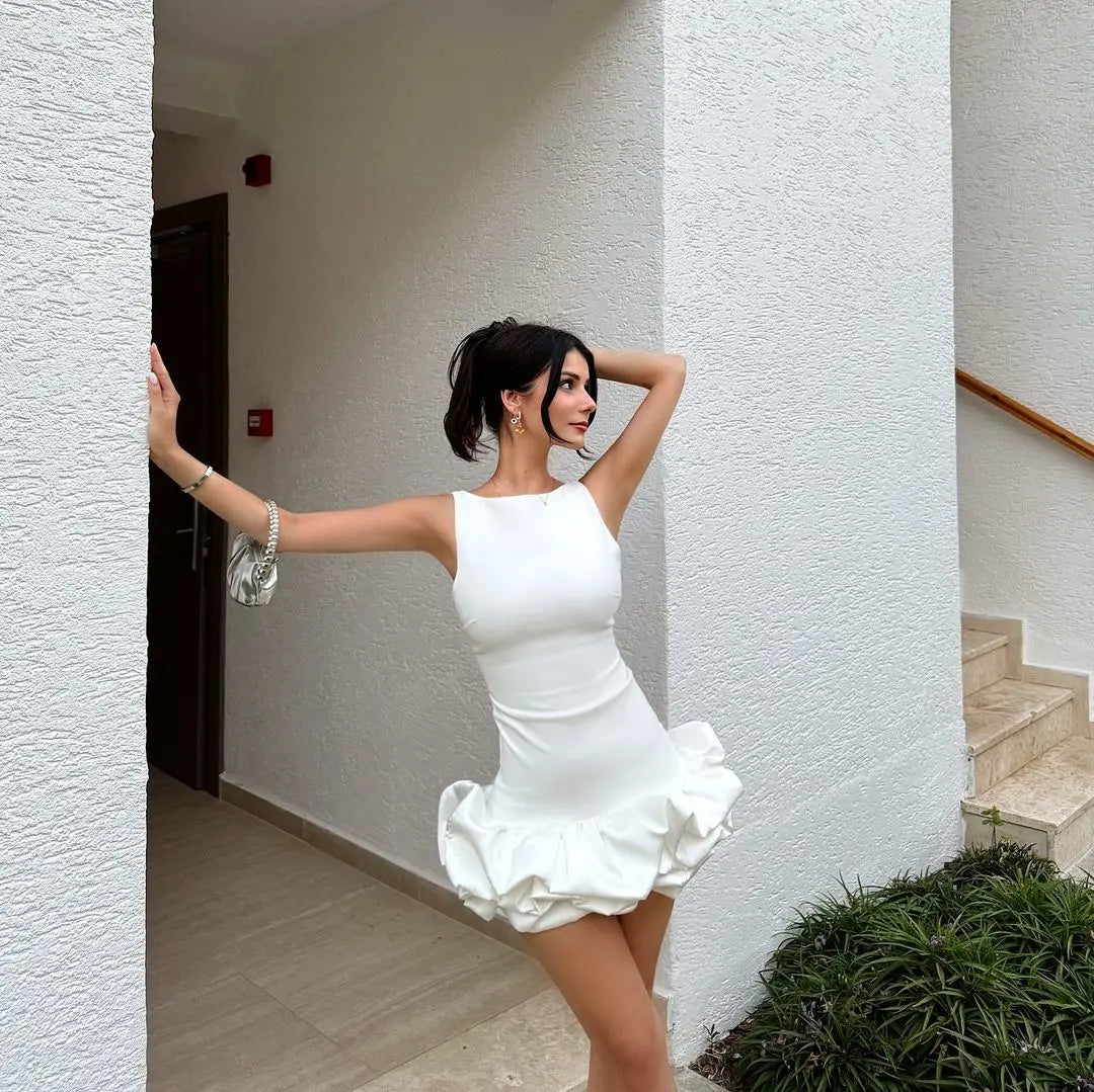 Nw Arrival Women Sleeveless Sexy O-Neck Ruffles Bodycon Mini Dress High Street Celebrate Birthday Party Outfit Vestido