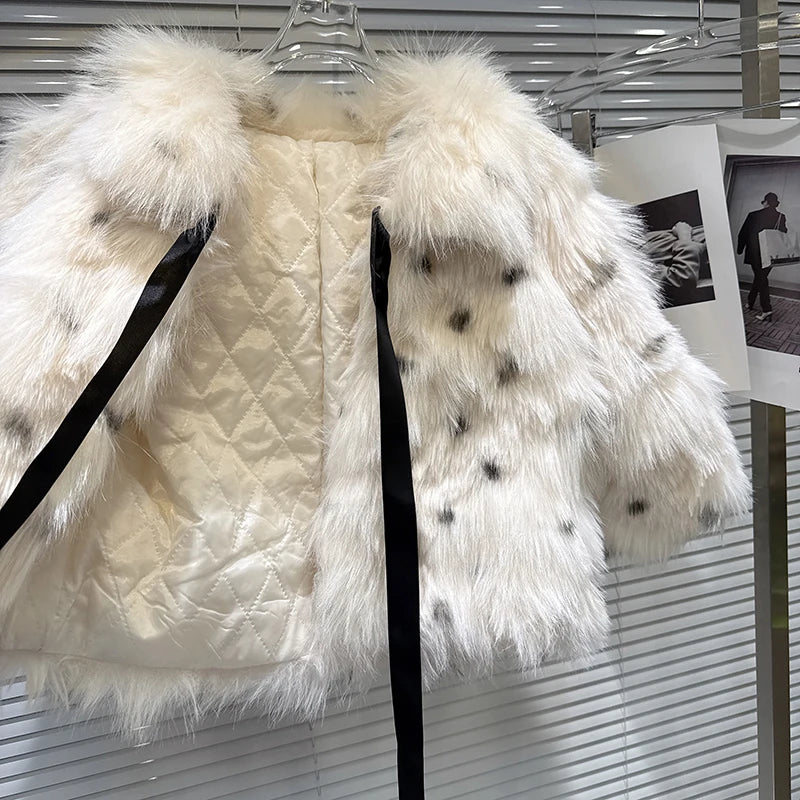 Winter New Fashion Polka Dot Fur Tie Bow Faux Fur Short Coat For Women High Quality Warm Jacket Female 11A07512