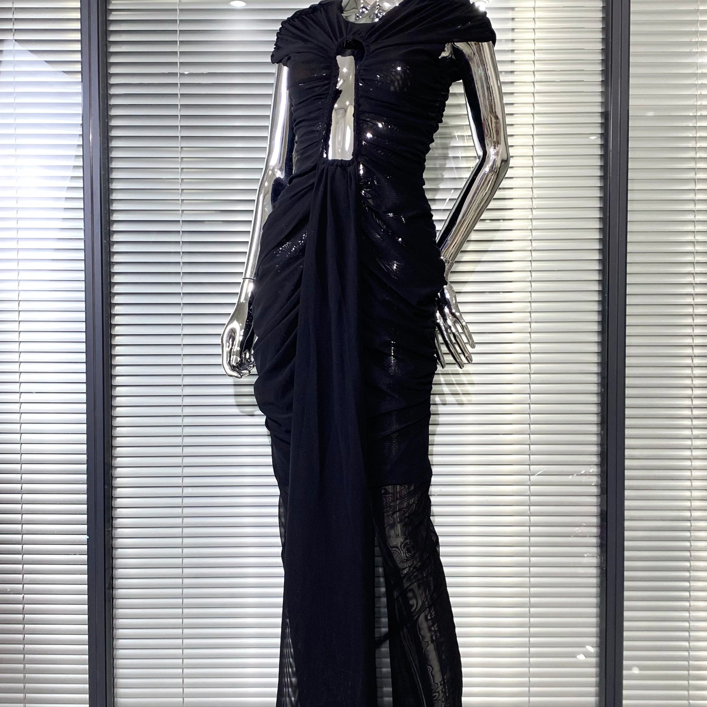 New Sexy Hollow Out SeeThrough Mesh Ankle Leng Evening Dress Fashion Woman Birthday Party Vestido Celebrity Evening Party Outfit