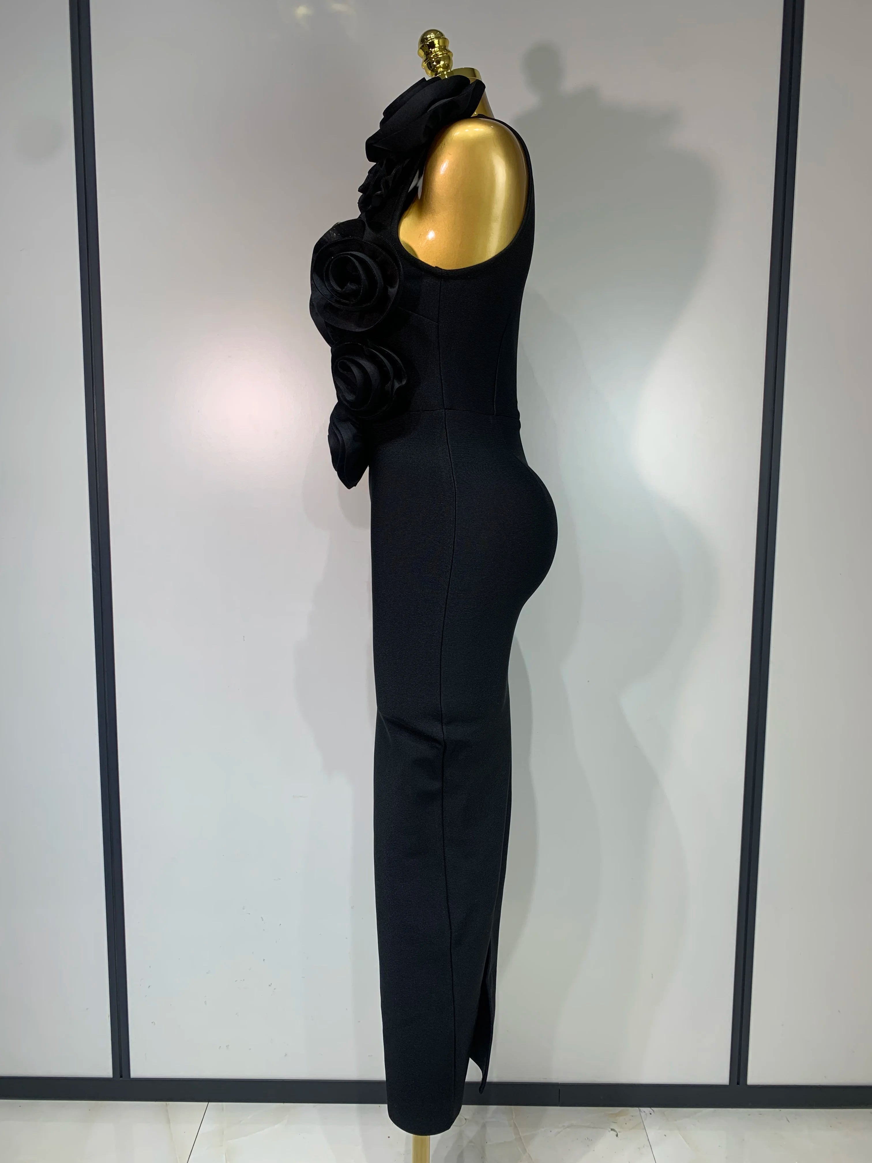 Fashion Black 3D Flower Bodycon Long Bandage Dress Celebrity Elegant Party Birthday Dress Women's Sleeveless Sexy Vestidos