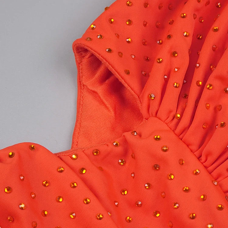 Orange Halter Sleeveless Cut Out Log Dress Diamonds Maxi Bodycon Elegant Party Evening Stage Performance Vestido