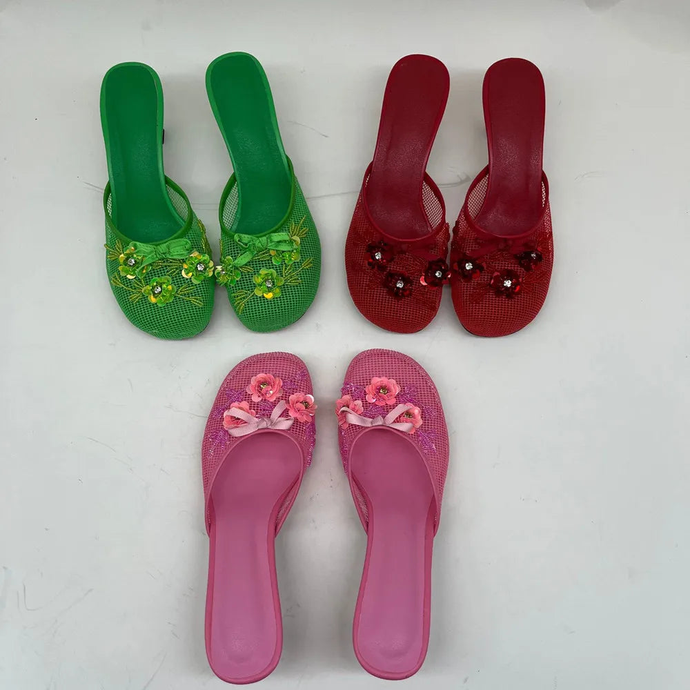 2025 Summer Spring Women Slippers for Woman Mesh Flower High Heeled Shoes Sexy Ladies Slip-On Non-Slip Round Toe Wedding Sandals