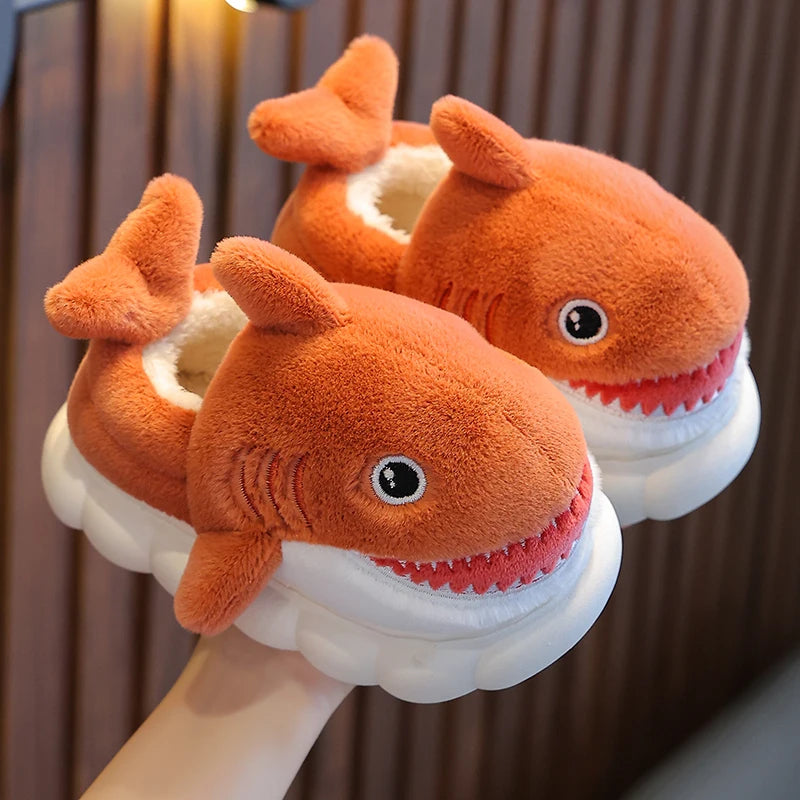 Winter Wrap Heels Cute Cartoon Shark Cotton Slippers Children's Non-slip Soft For Kids Girls Boys Baby Warm Plush Home Shoes Orange
