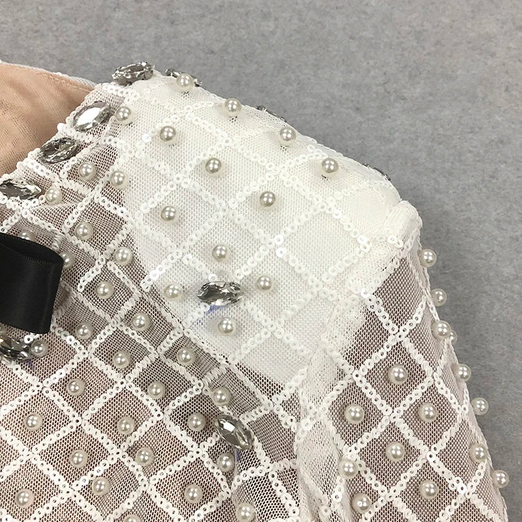 Pearl Sequins Hollow Out Short Dress For Women Sexy Long Sleeve Key Hole Bow Tie Diamond Beige Mini Evening Party Dress