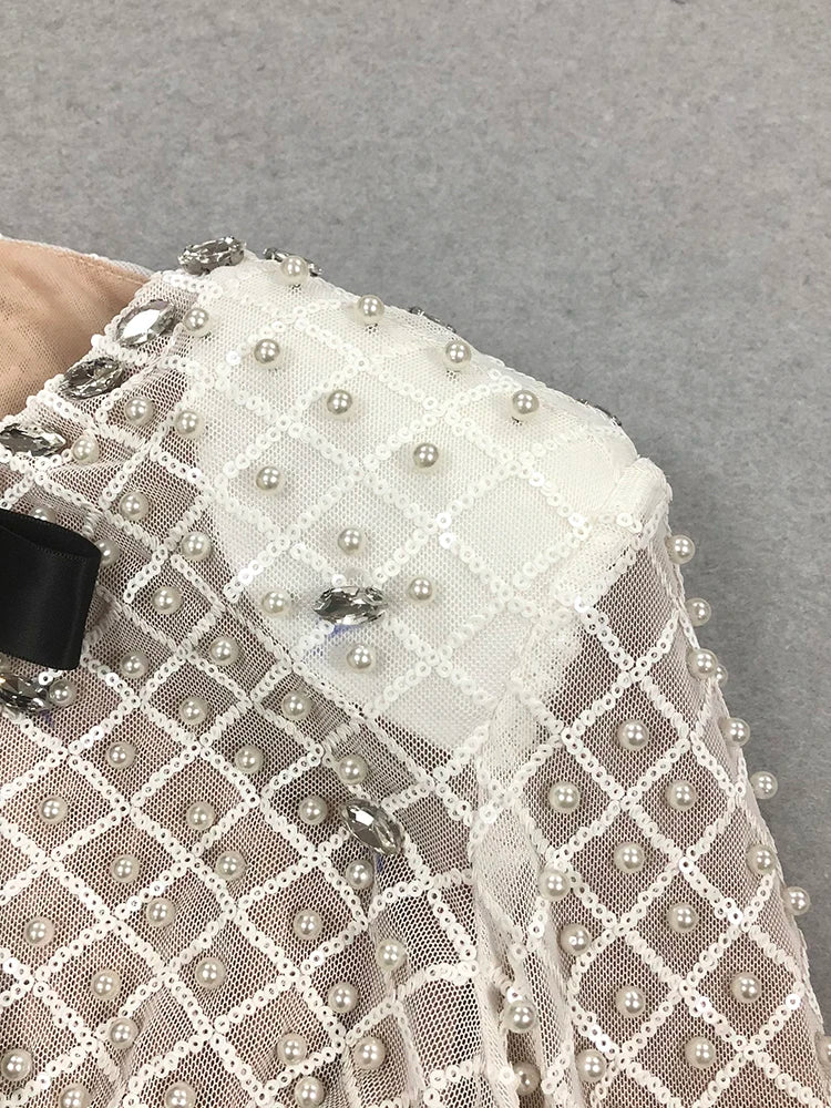 Pearl Sequins Hollow Out Short Dress For Women Sexy Long Sleeve Key Hole Bow Tie Diamond Beige Mini Evening Party Dress