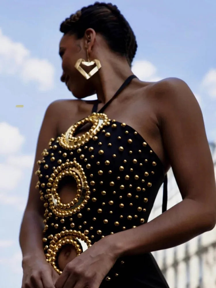 Women Sexy Backless Halter Pearl Black Maxi Long Beading Celebrity Bodycon Bandage Dress 2025 Elegant Evening Club Party Outfit