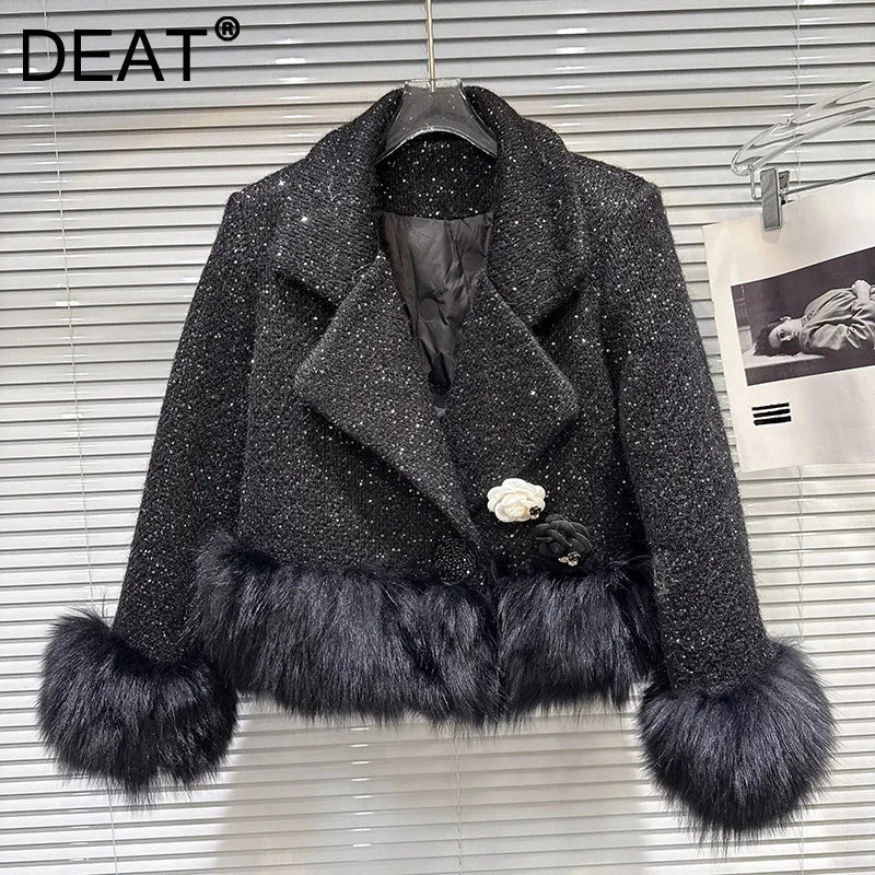 Winter New Fashion High-end Fox Fur Patchwork Woolen Suit Collar Cotton Short Coat For Women Elegant Jacket 11A07690