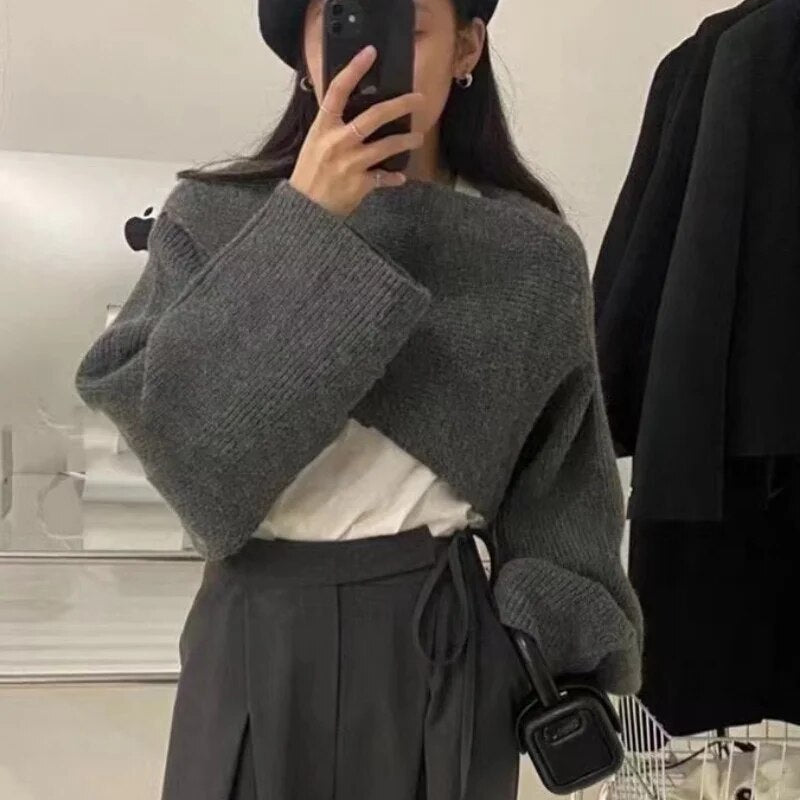 Short Pullovers Sweaters Autumn Winter 2024 Streetwear Knitted Sweater Women's Long Sleeve Cross Irregular Solid Y2K Tops 22933