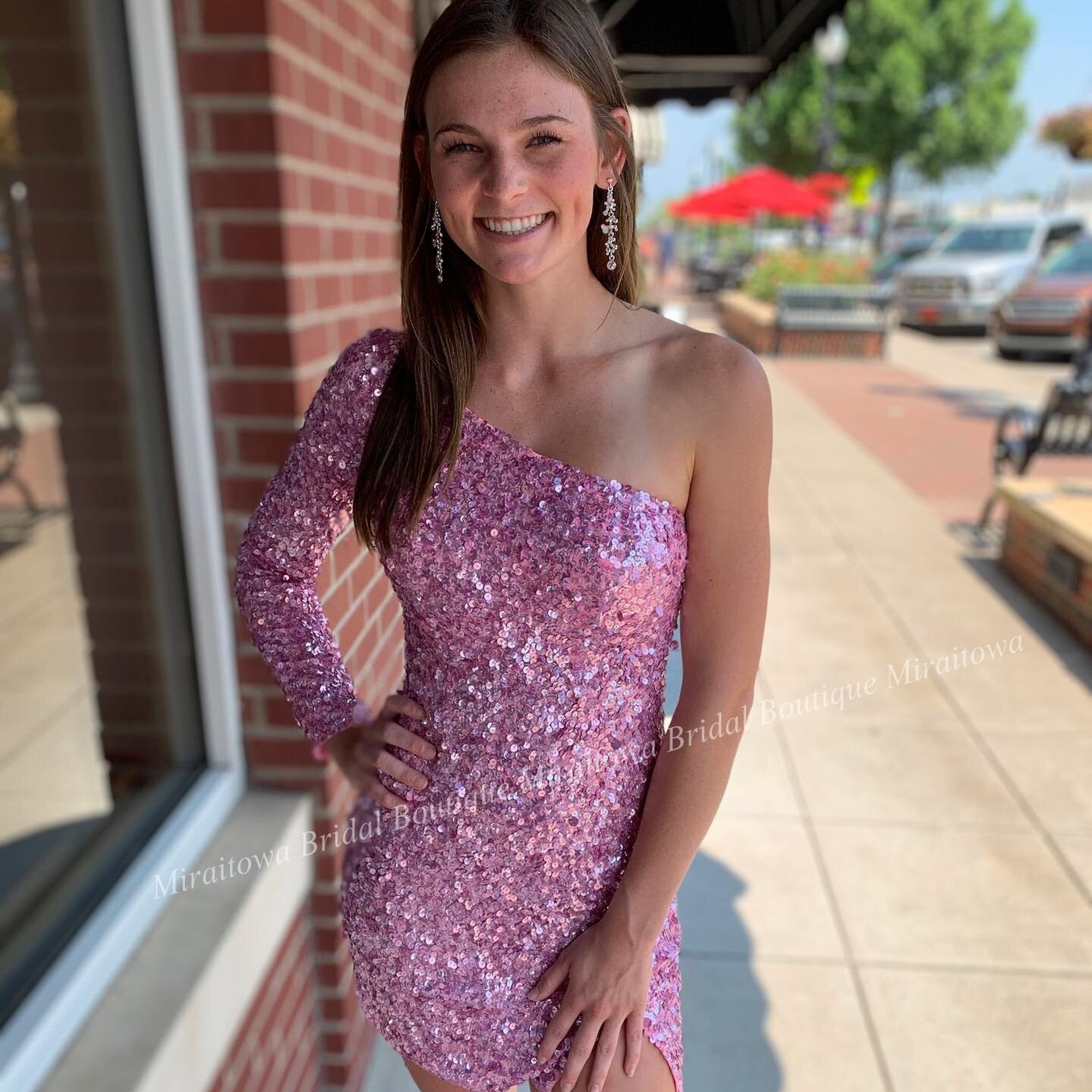 Pink Sequin Mini Cocktail NYE Dress Long Sleeve Lady Formal Event Homecoming Party Gown Club Night Hoco Gala One-Shoulder