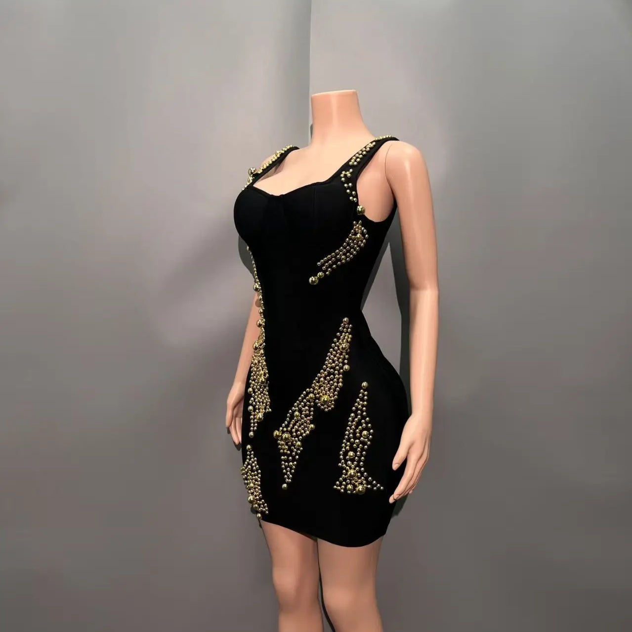 Women Sleeveless Sexy Square Collar Beading Bodycon Mini Bandage Dress Nightclub Party Celebrate Birthday Outfit Vestido