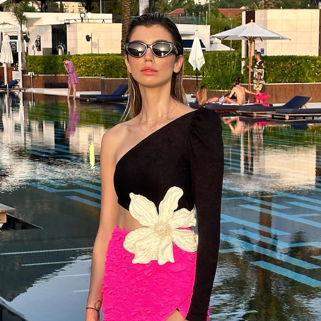 White Beading Flower Sexy One Shoulder Expose waist Black Patchwork Rose Red Mid Calf Dress Elegant Woman Evening Dress