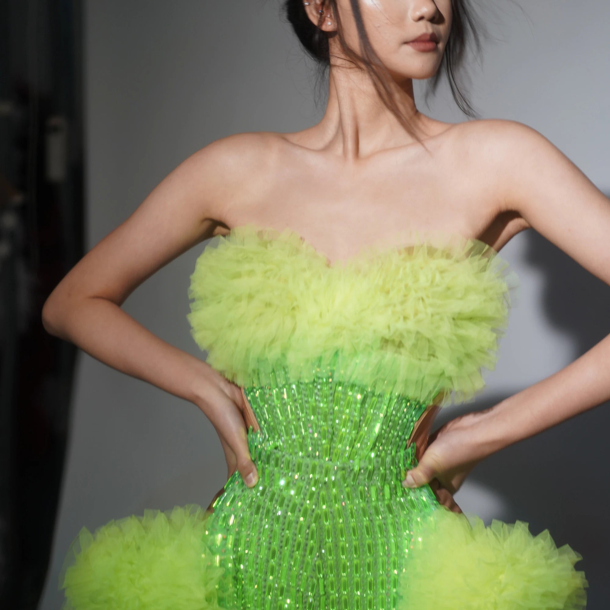 Women Sexy Strapless 2 Pieces Ruffles Bodycon Long Dress Bar Singer Celebrate Performance Costume Stage Wear