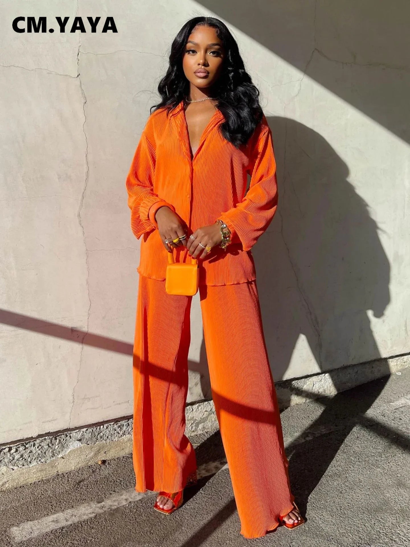 Pleated Solid Women Set Long Sleeve Shirts and Straight Wide Leg Pants Suits Tracksuit Two Piece Set Fitness Outfits Orange