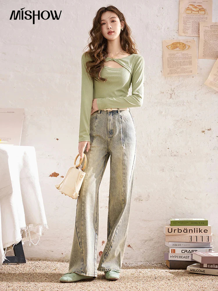 MISHOW Baggy Distressed Jeans for Women Wide Leg High Waist Loose Vintage Pants Spring Autumn Ladies Trousers MXD22K0562