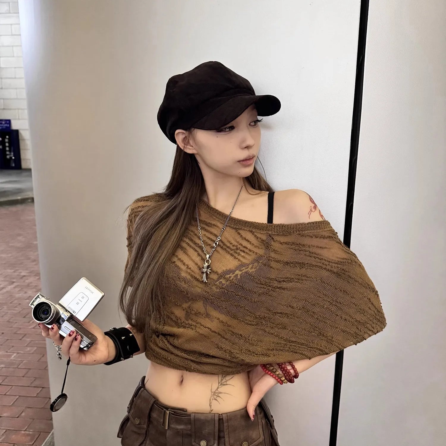 Lautaro Spring Summer Cool Sexy Vintage Distressed Brown Pu Leather Mini Skirt Women Three-dimensional pockets Belt Streetwear