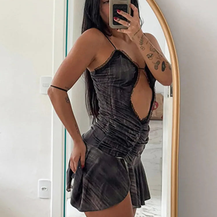 Mozision Hollow Out Spaghetti Strap Sexy Mini Dress For Women Off-shoulder Strapless Ruffled Ruched Skinny Split Dress Vestido