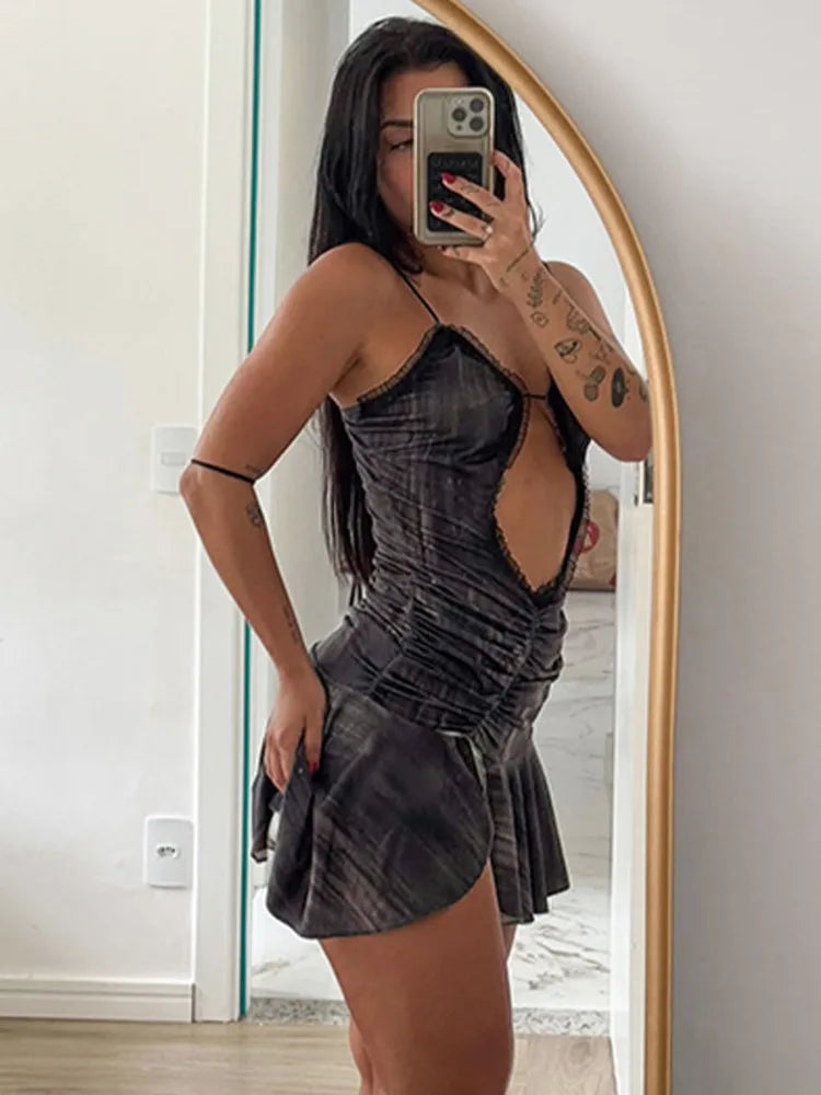 Mozision Hollow Out Spaghetti Strap Sexy Mini Dress For Women Off-shoulder Strapless Ruffled Ruched Skinny Split Dress Vestido