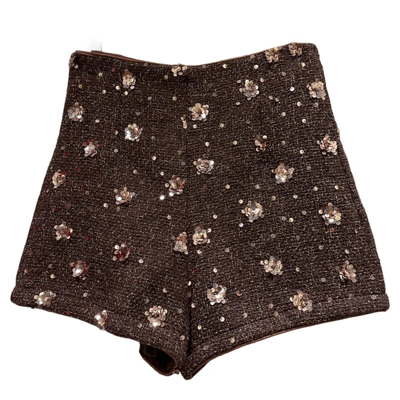 Winter New Fashion Sequin Flower Embroidery Tweed Short Pants For Women High Waist Wide-leg Shorts Female 11A07658