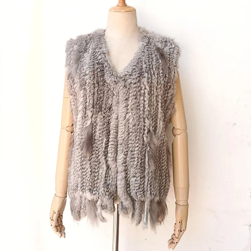 New Women Burgundy Knitted Real Fur vest with tassel V-neck fluffy Genuine Fur Gilet Hot Sale Natural Rabbit Waistcoat GRAY