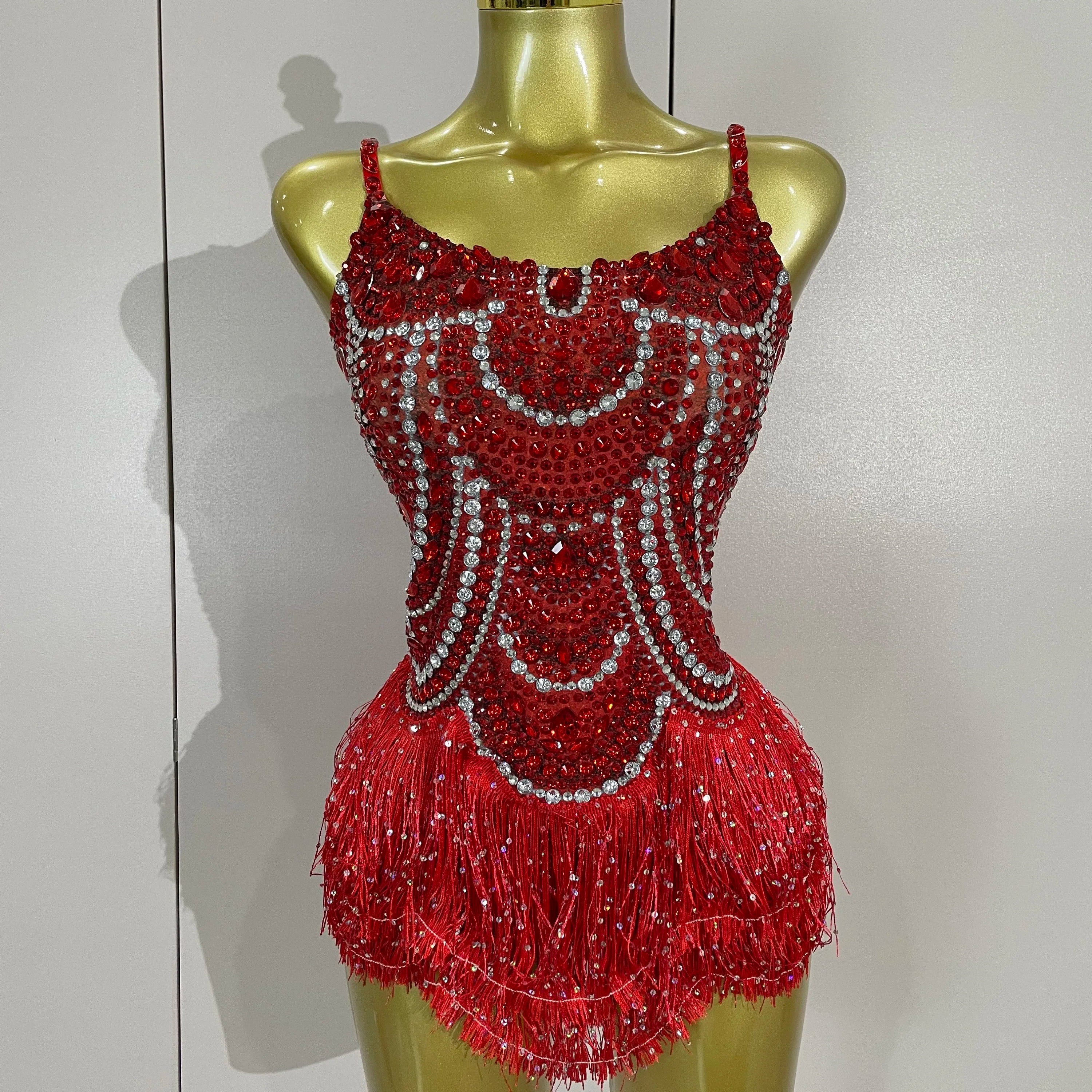 Sparkly Silver Rhinestones Pearl Tassels Bodysuit 2025 New Women Sexy Eveing Birthday Party Nightclub Stage Performance Costume Red