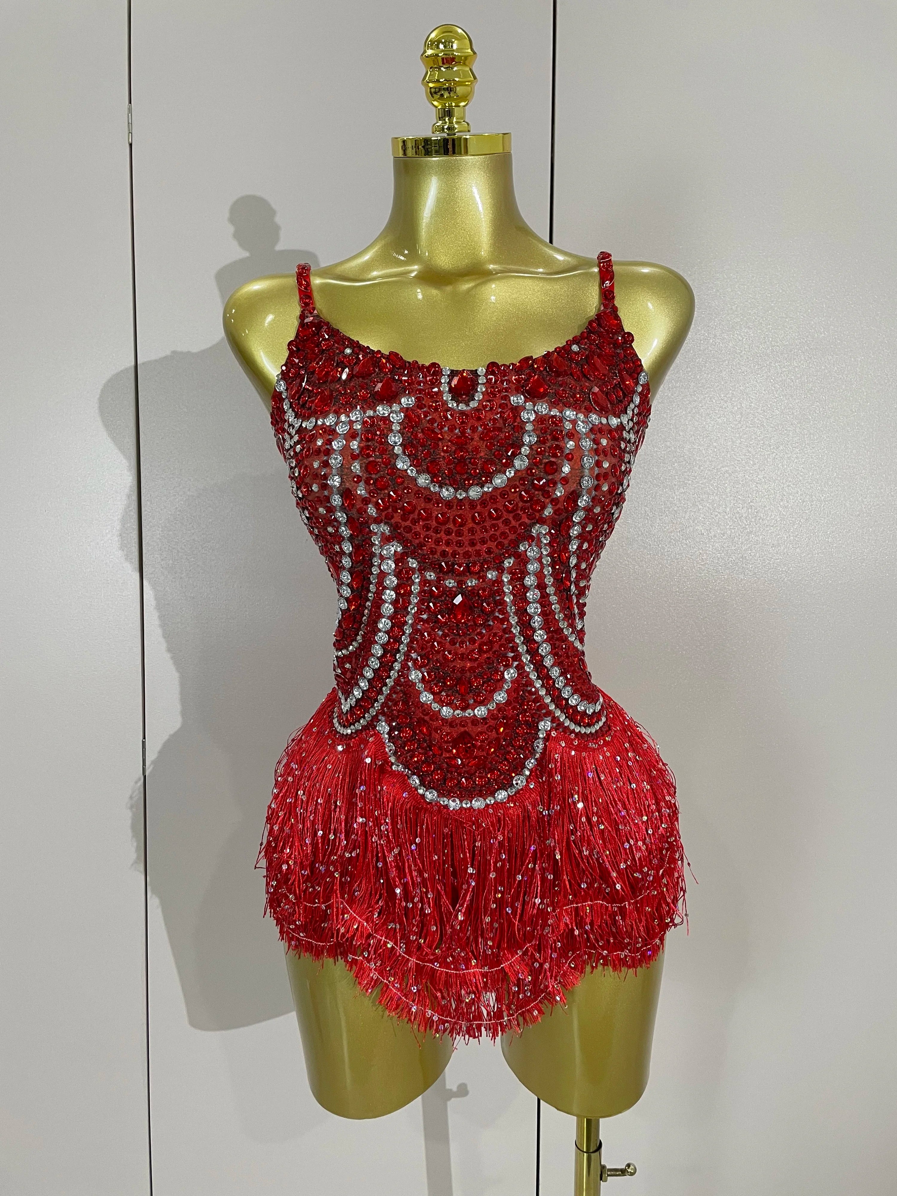 Sparkly Silver Rhinestones Pearl Tassels Bodysuit 2025 New Women Sexy Eveing Birthday Party Nightclub Stage Performance Costume Red