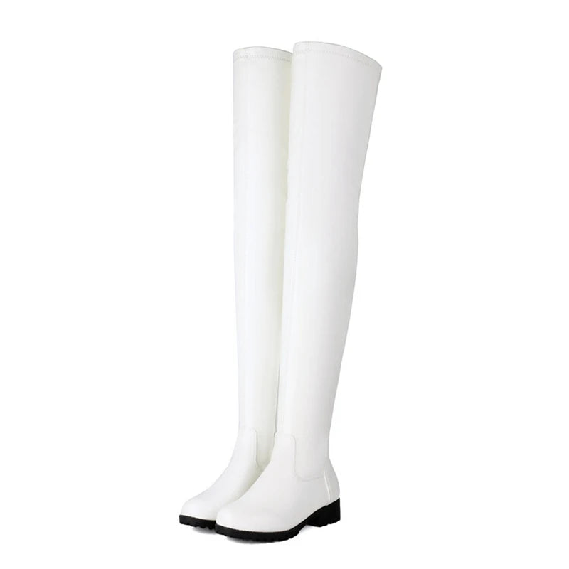 SIMLOVEYO New Winter Autumn Over Knee Boots 3.5cm Square Heel Zip Round Toe Leather Thigh High Fashion Big Size 45 46 47 48 US17 White