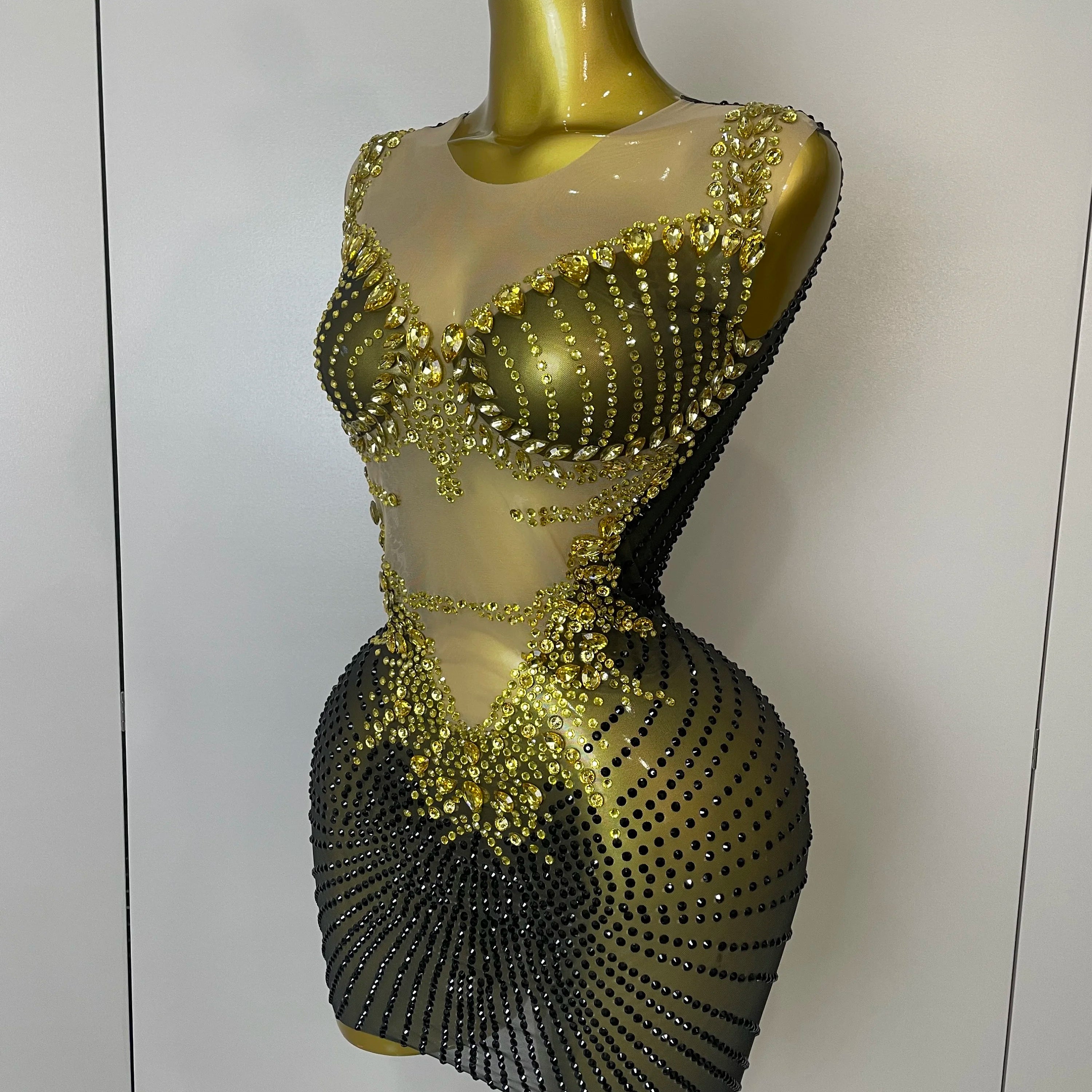 2025 Sparkly Gold Rhinestone Transparent Sleeveless Mini Dress Evening Birthday Celebrate Party Nightclub Performance Costume