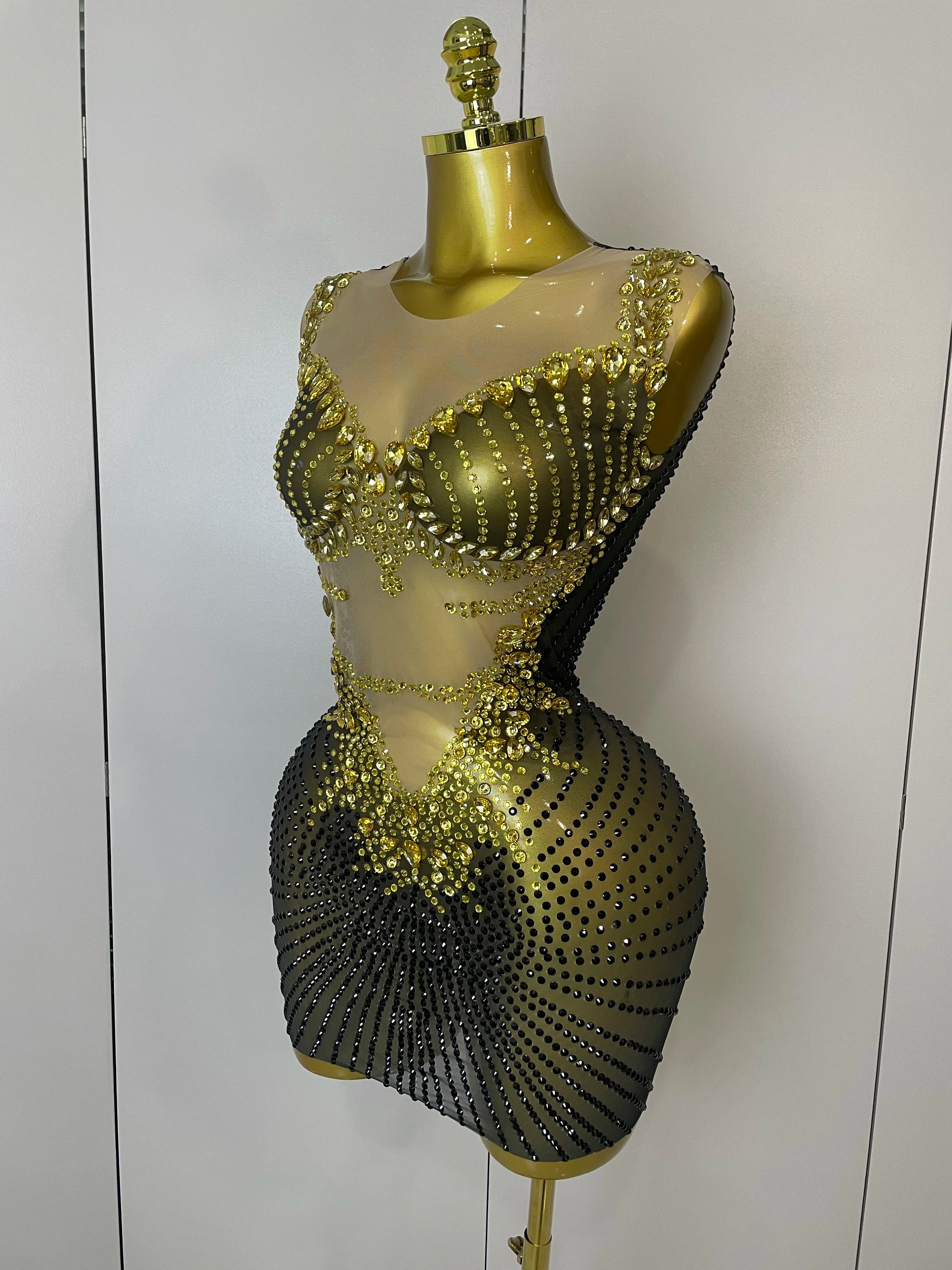 2025 Sparkly Gold Rhinestone Transparent Sleeveless Mini Dress Evening Birthday Celebrate Party Nightclub Performance Costume