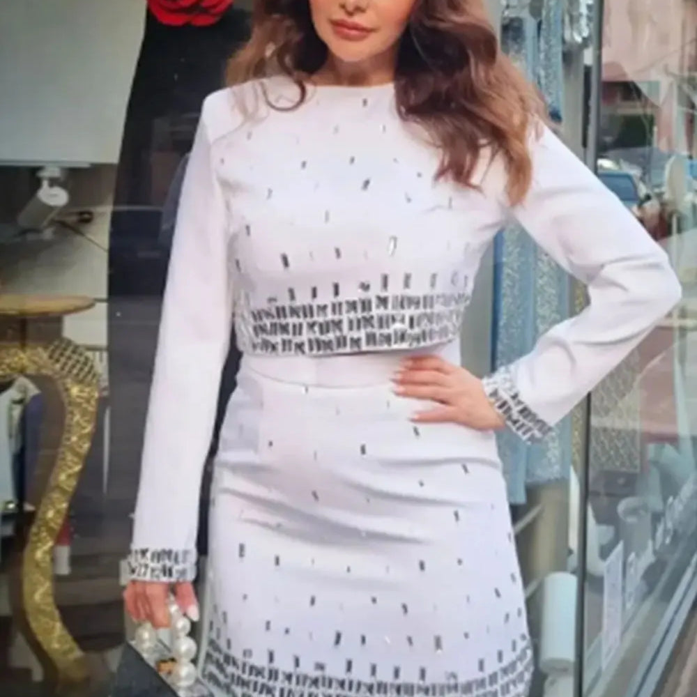2025 Women's Wear Heavy Industry Beaded Design Mini Skirt Sets Standing Neck Long sleeved Short Top+Short Skirt Two piece Set WHITE