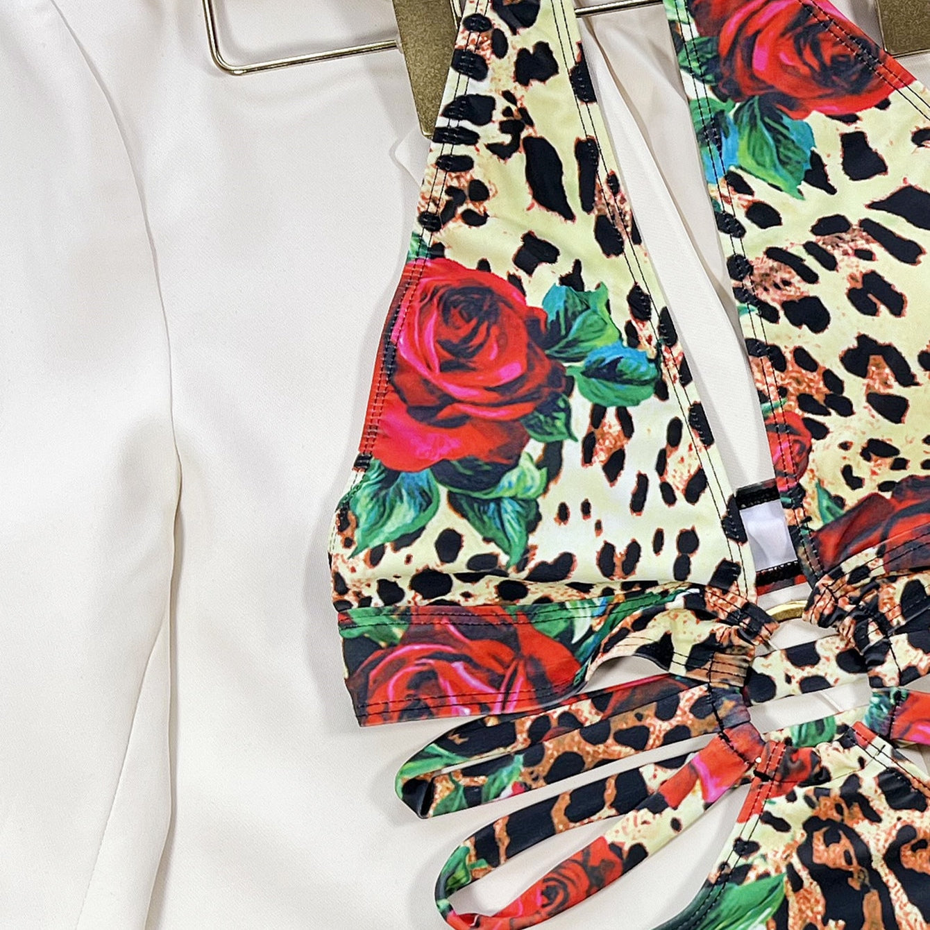 Sexy One Piece Swimsuit Swimwear - Leopard Hollow Deep V-neck Halter Bathing Suit Beachwear Big Metal Ring Bikini