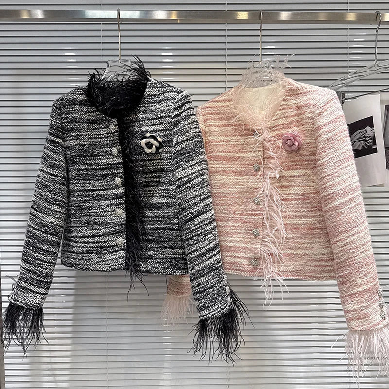 Winter New Fashion Style Ostrich Feather Edge Woven Tweed Cotton Liner Short Coat For Women Versatile Jacket 11A07865