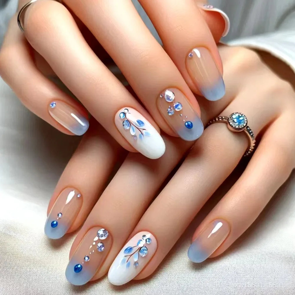 24Pcs Simple Almond Press on Fake Nails with Jelly Glue Fresh Flowers Design French Summer Fashion Acrylic oval Fake Nails Tools 3