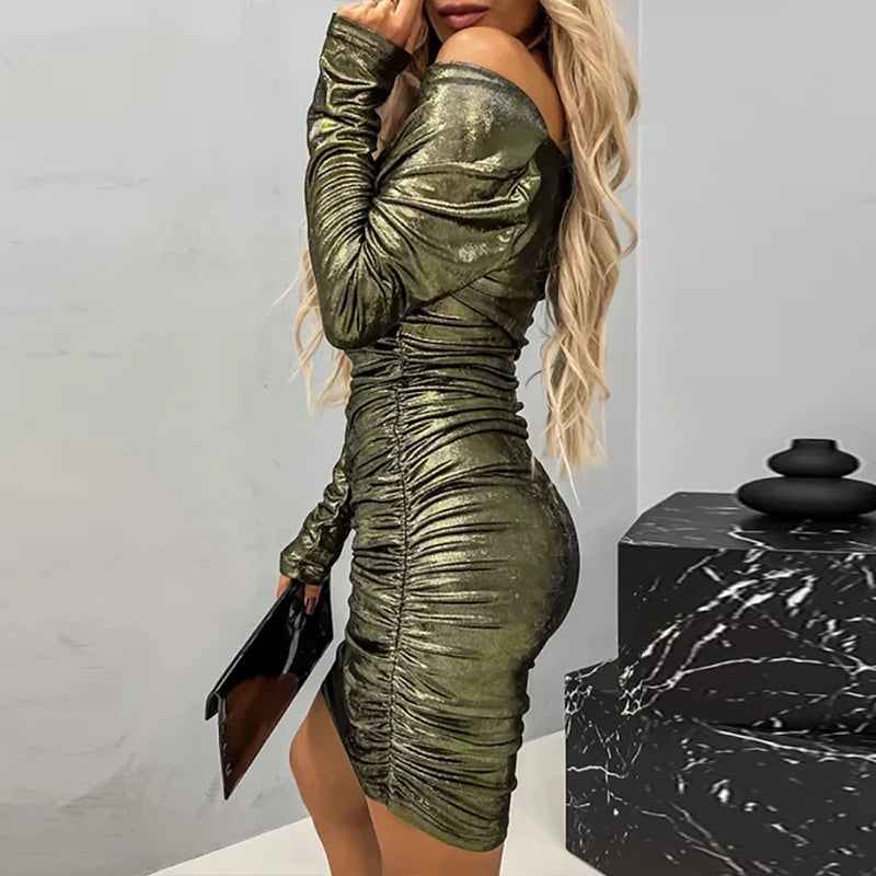 Women's Long Sleeve Bronzing Bodycon Dress Sexy Slash Neck Solid Color Pleated Party Dress Fashion Club Slim Mini Dress Vestidos