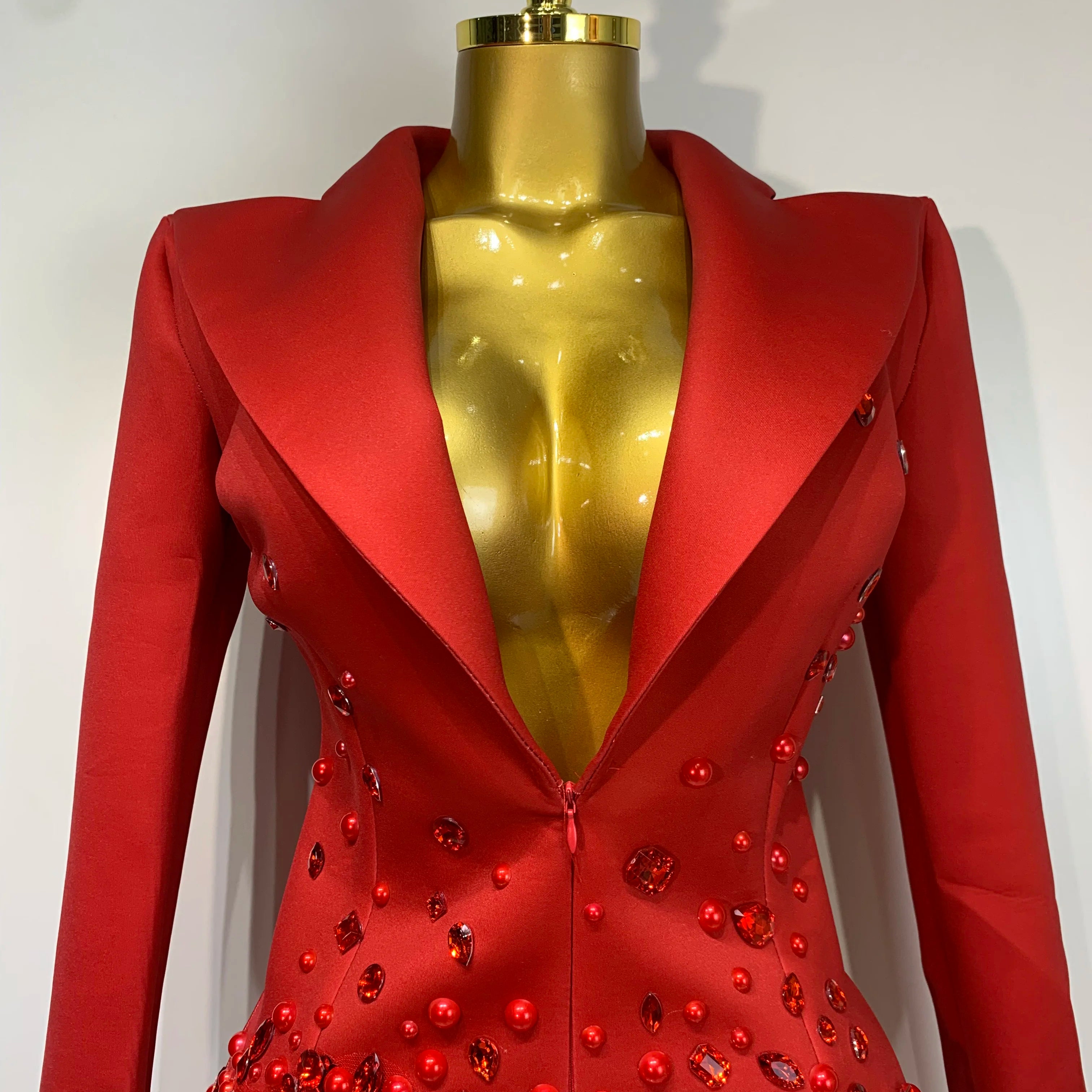 Luxury Rhinestone Deep V-Neck Slim Fit Red Suit Dress 2025 New Fashion Celebirty Elegant Evening Club Party Dresses
