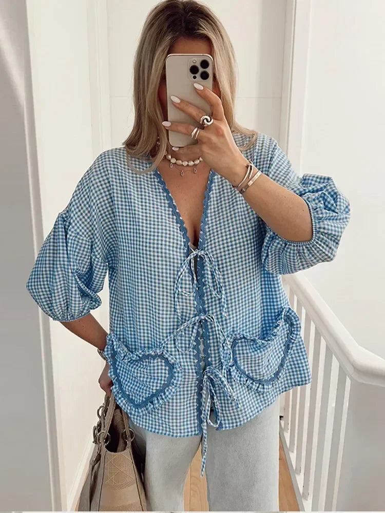 Fashion Plaid Ruffle Lace Up Shirt Women Sweet V Neck Half Puff Sleeve Heart Shaped Pocket Tops Female Loose Lady Street Blouse Blue
