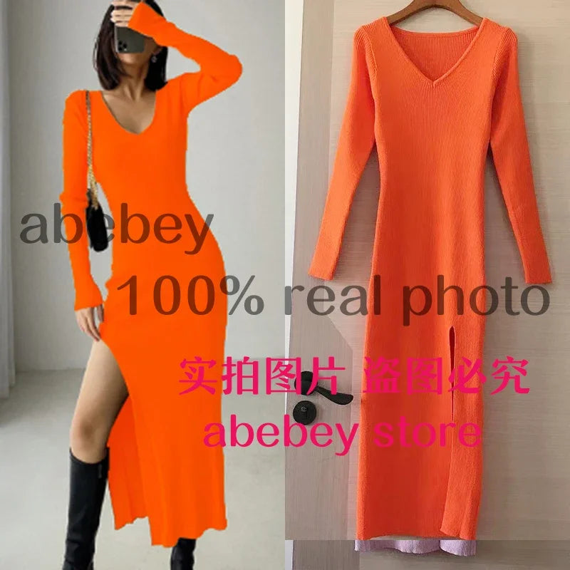 spring and winter sexy French slit sweater dress female slim tight-fitting hip-knit over-the-knee dresses ORANGE RED