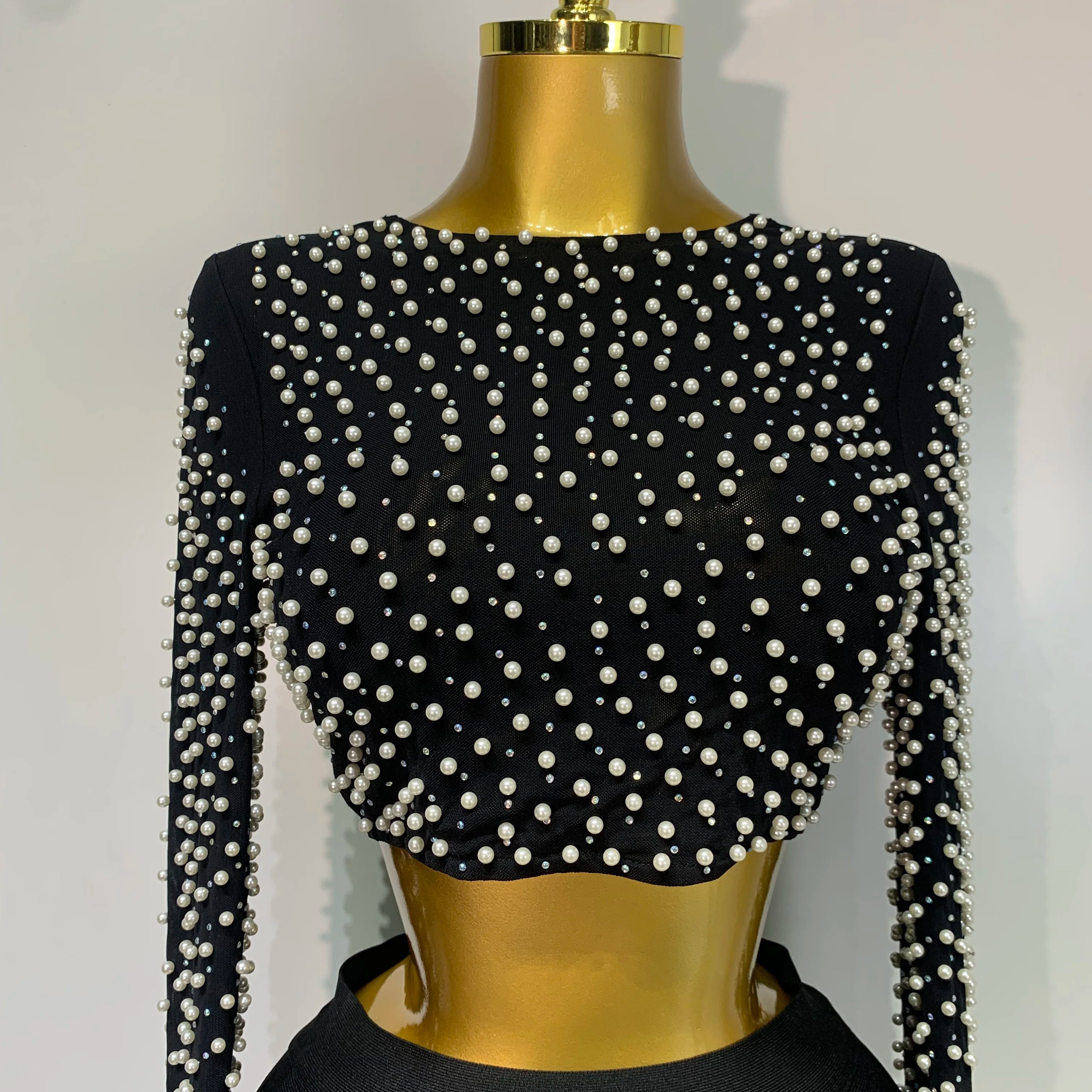 Women Sexy Long Sleeve Mesh Pearl Black Top Celebrity Midi Women Bandage Set 2025 Designer Evening Party Birthday Two Piece Set